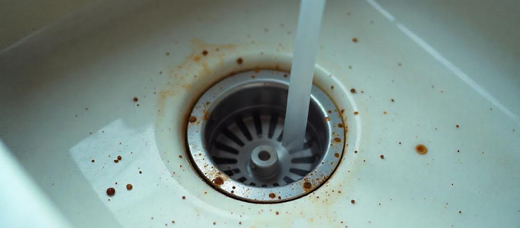 Dirty Kitchen Sink Drain with Running Water and Stains