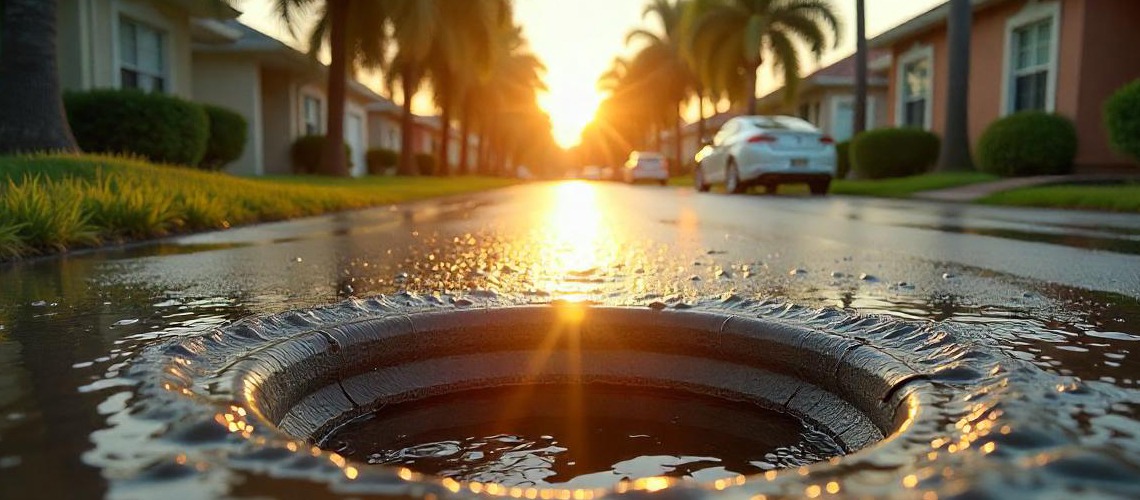 Street Drain Overflow During Sunset in a Residential Area